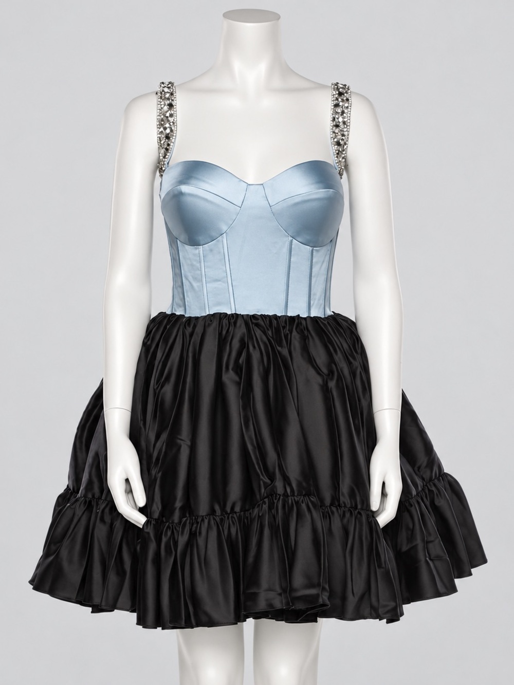 Portia and Scarlett Light Blue Bustier Dress with Jeweled Straps and Black Skirt